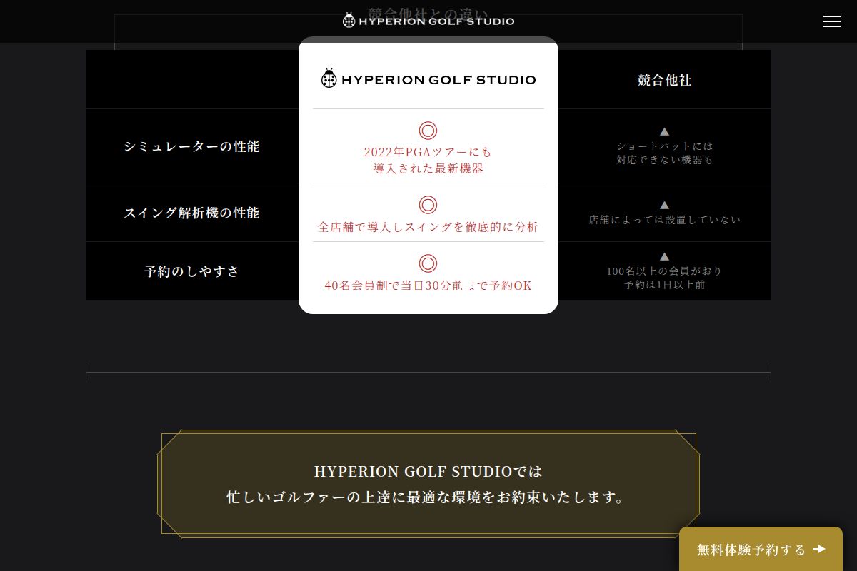 HYPERION GOLF STUDIO千駄ヶ谷店の公式サイト画面