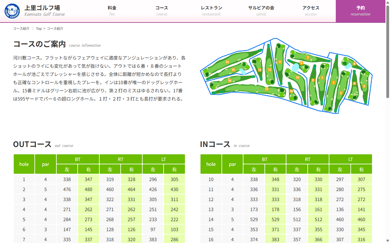 上里ゴルフ場の公式サイト画面