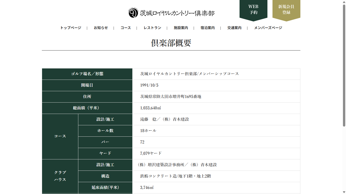 茨城ロイヤルカントリー倶楽部の公式サイト画面